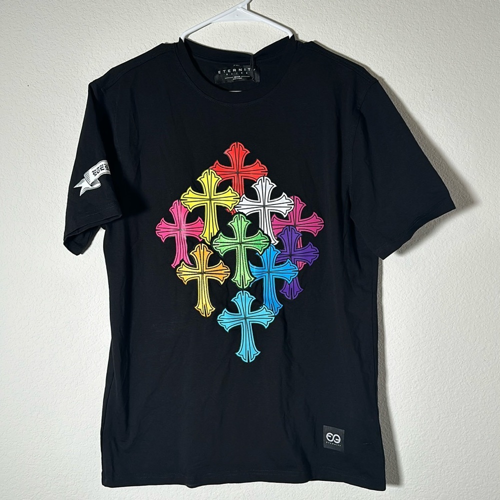 Eternity BC AD mens med back shirt with multicolored crosses.